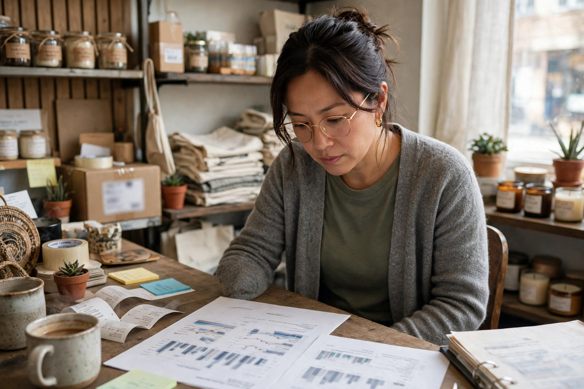 Shop owner reading a ranked audit report at her desk — the written deliverable in the business audit vs consultation comparison