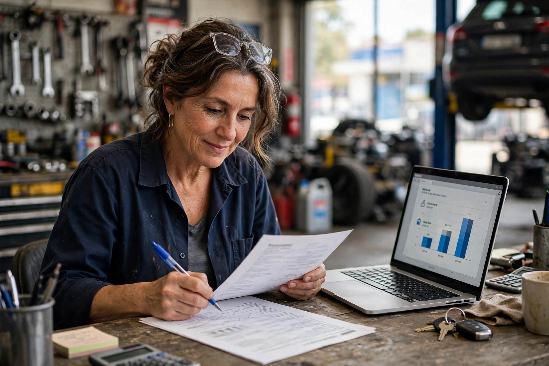 Repair shop owner reading a priced leak report at her counter — what the $330 tier of a business audit cost buys