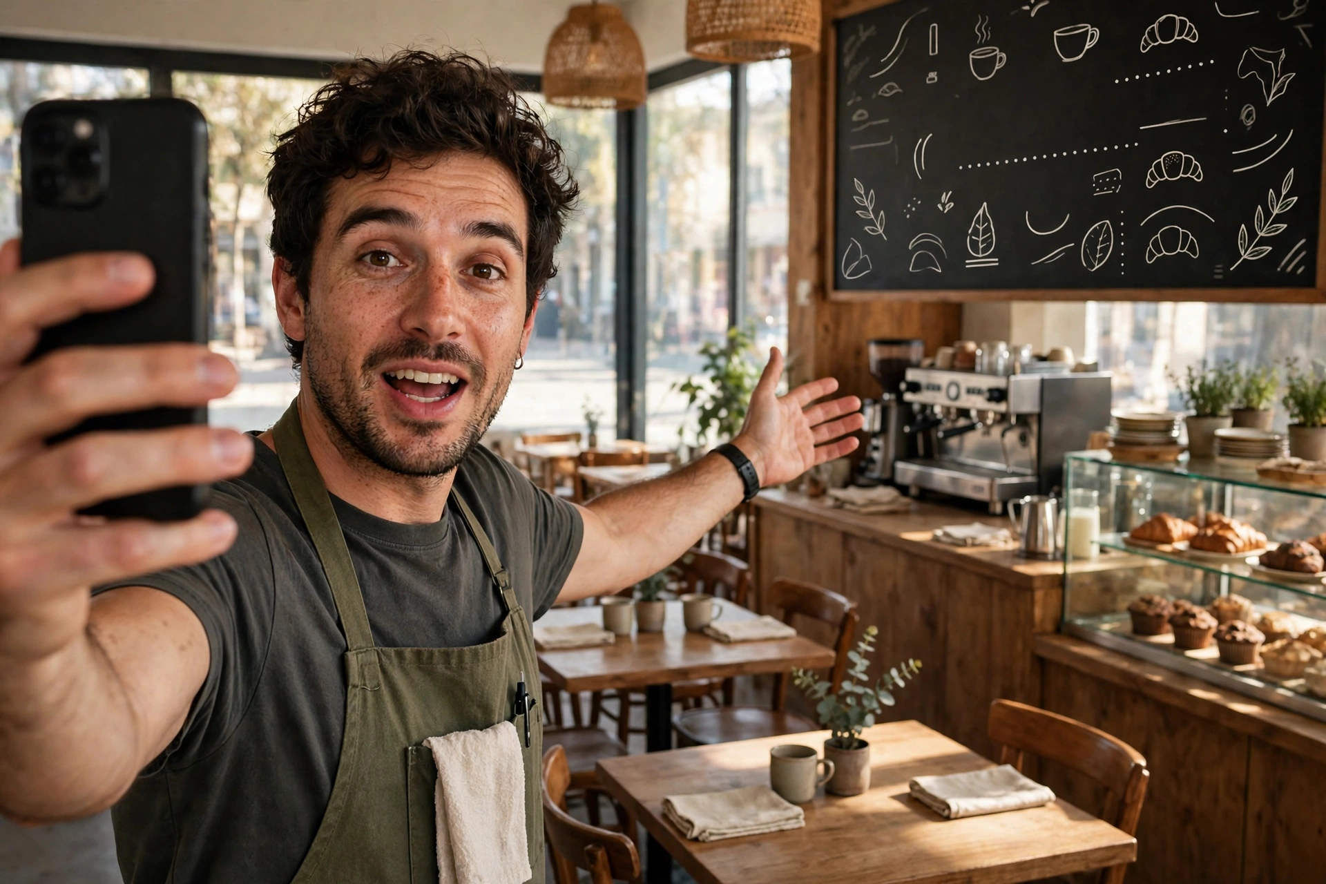 Cafe owner recording the optional two-minute walkthrough video on his phone before opening