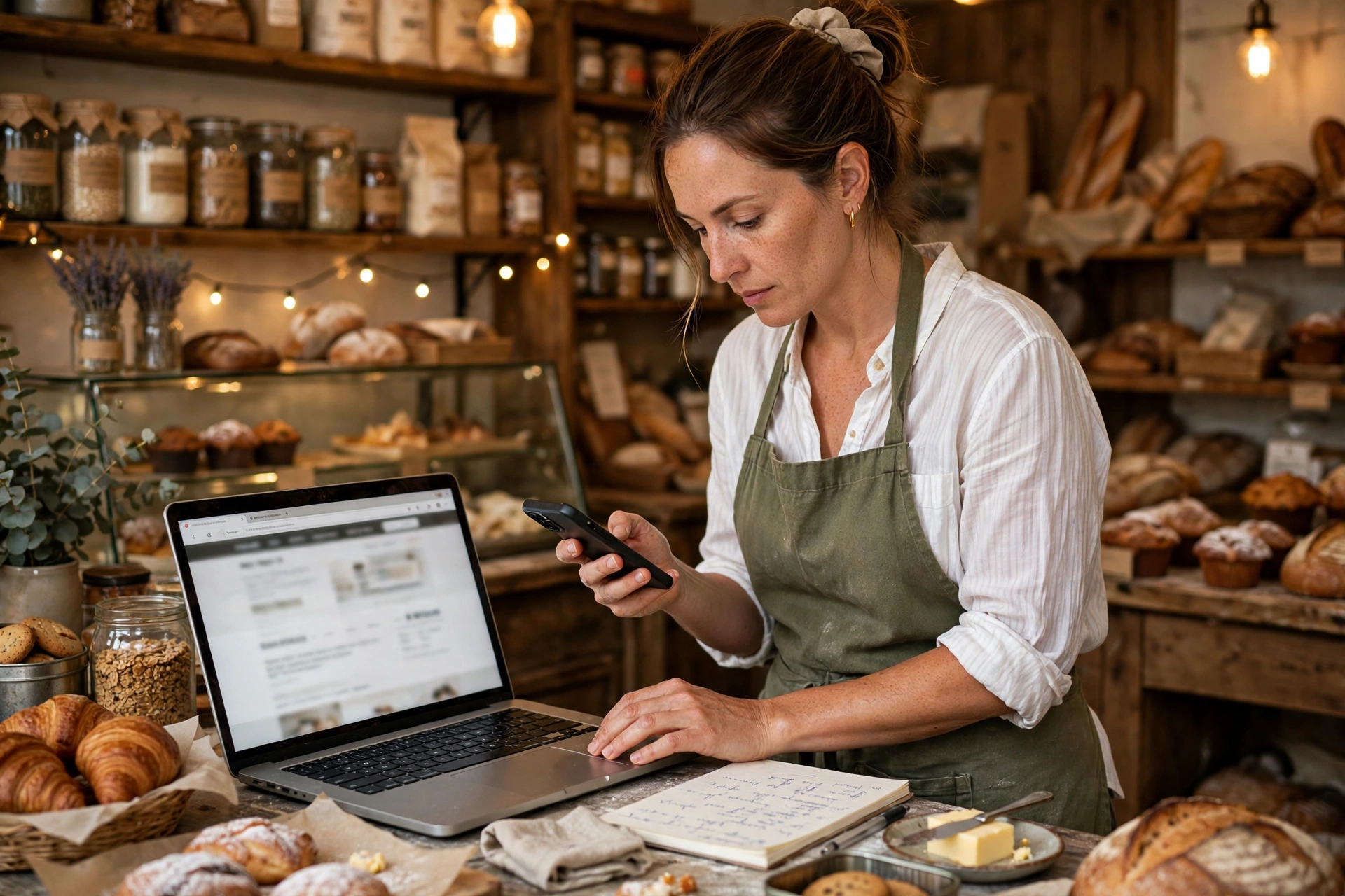 Bakery owner at her counter checking her own website form and reviews on a laptop and phone