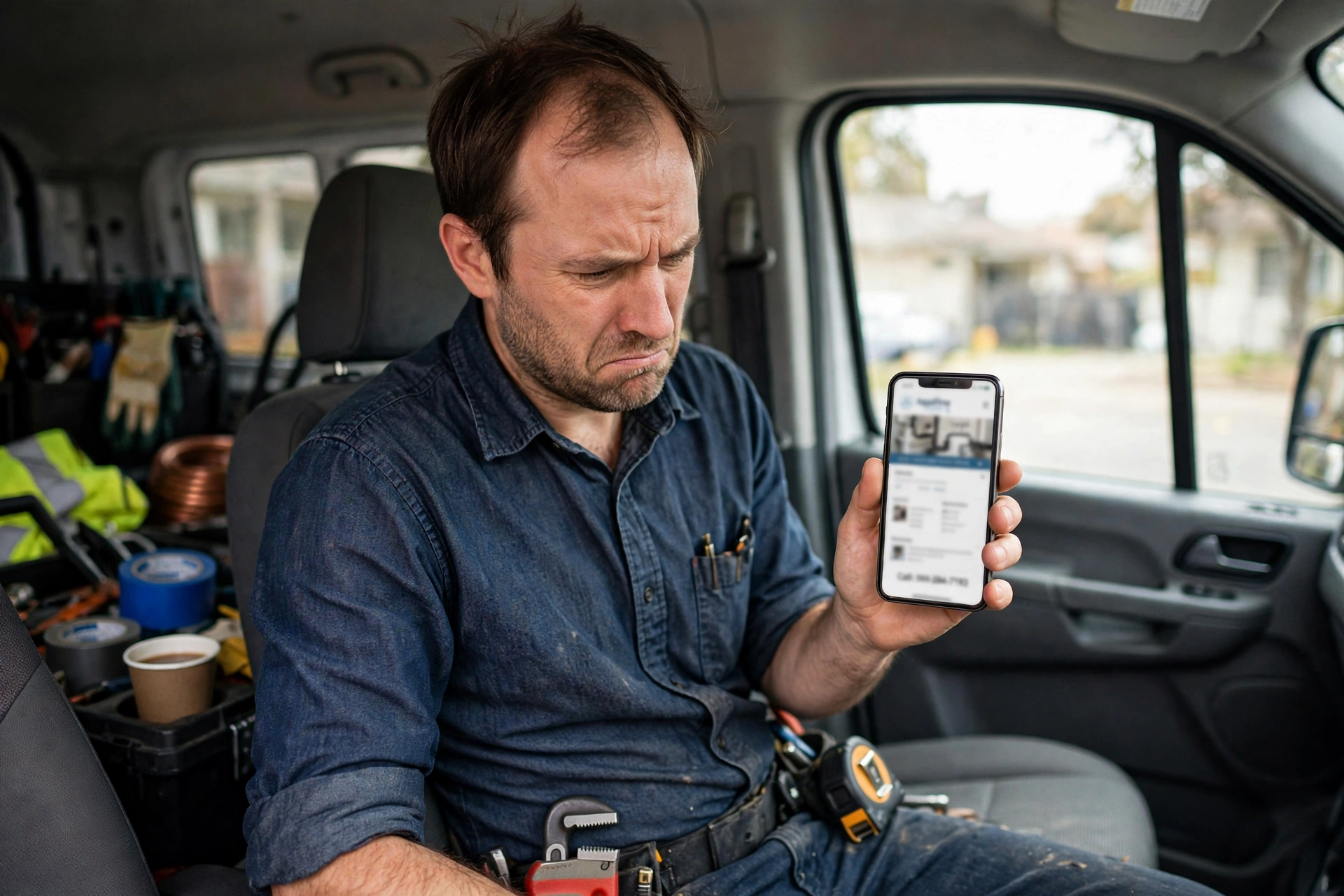 Plumber in his work van testing whether his own phone number taps to call — one of the signs your website is costing you customers
