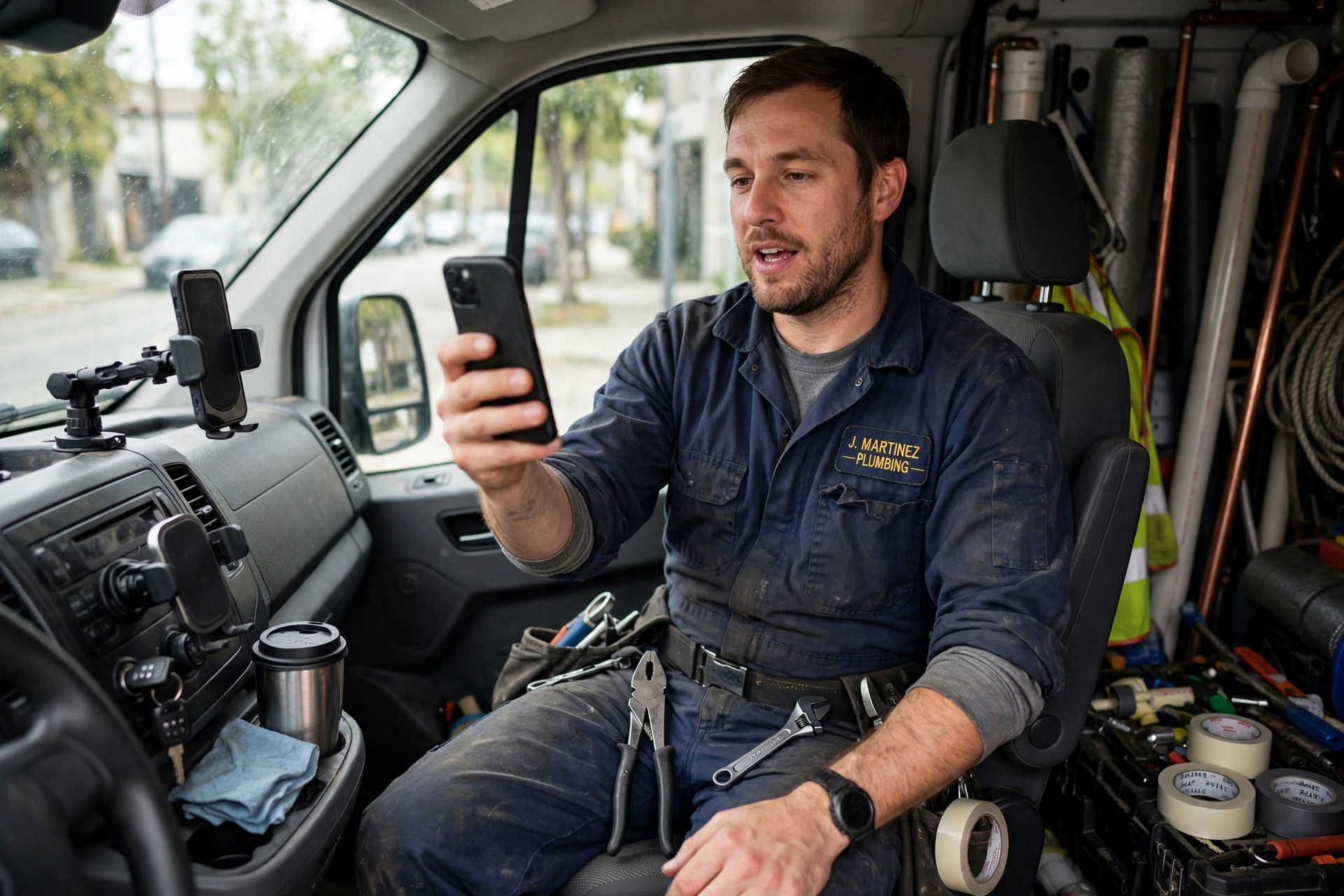 Plumber in his work van recording the optional walkthrough video a business audit check uses for a deeper read
