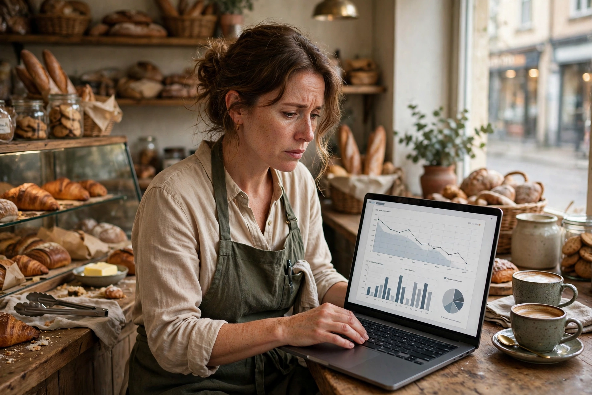 Bakery owner at her shop counter reviewing what a business audit check found on her website